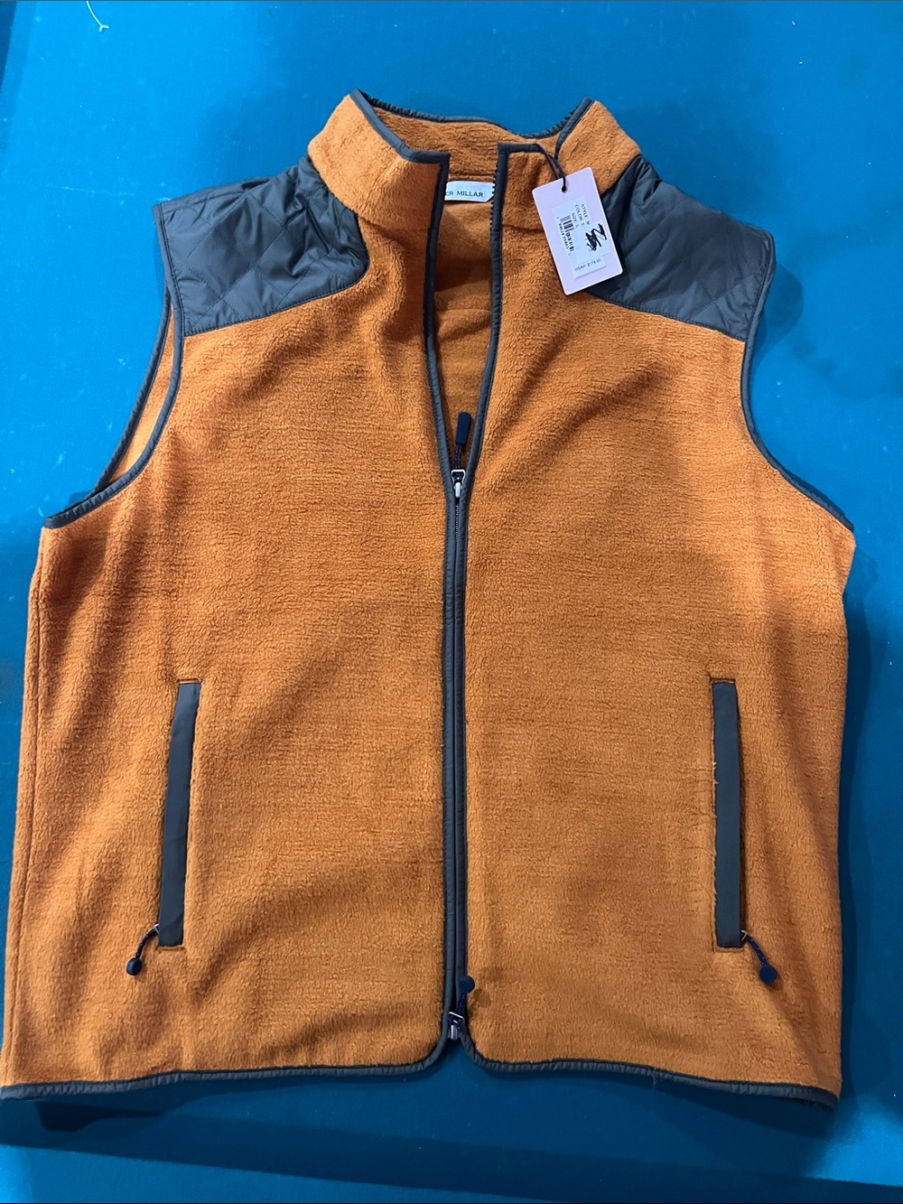 Peter Millar Orange Fleece Vest with Gray Quilted Shoulders